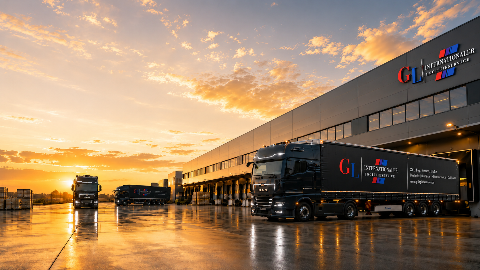 GL Logistik LKW-Flotte am Logistikzentrum bei Sonnenuntergang