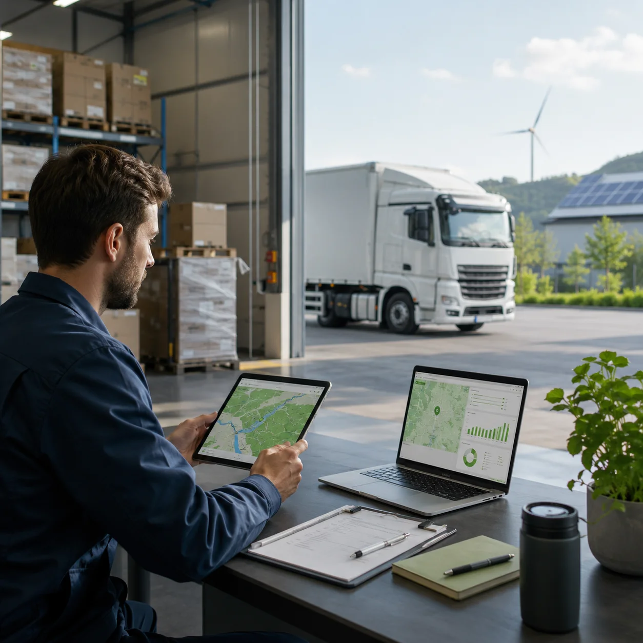 Verladung mit digitaler Sendungsverfolgung und LKW am Depot