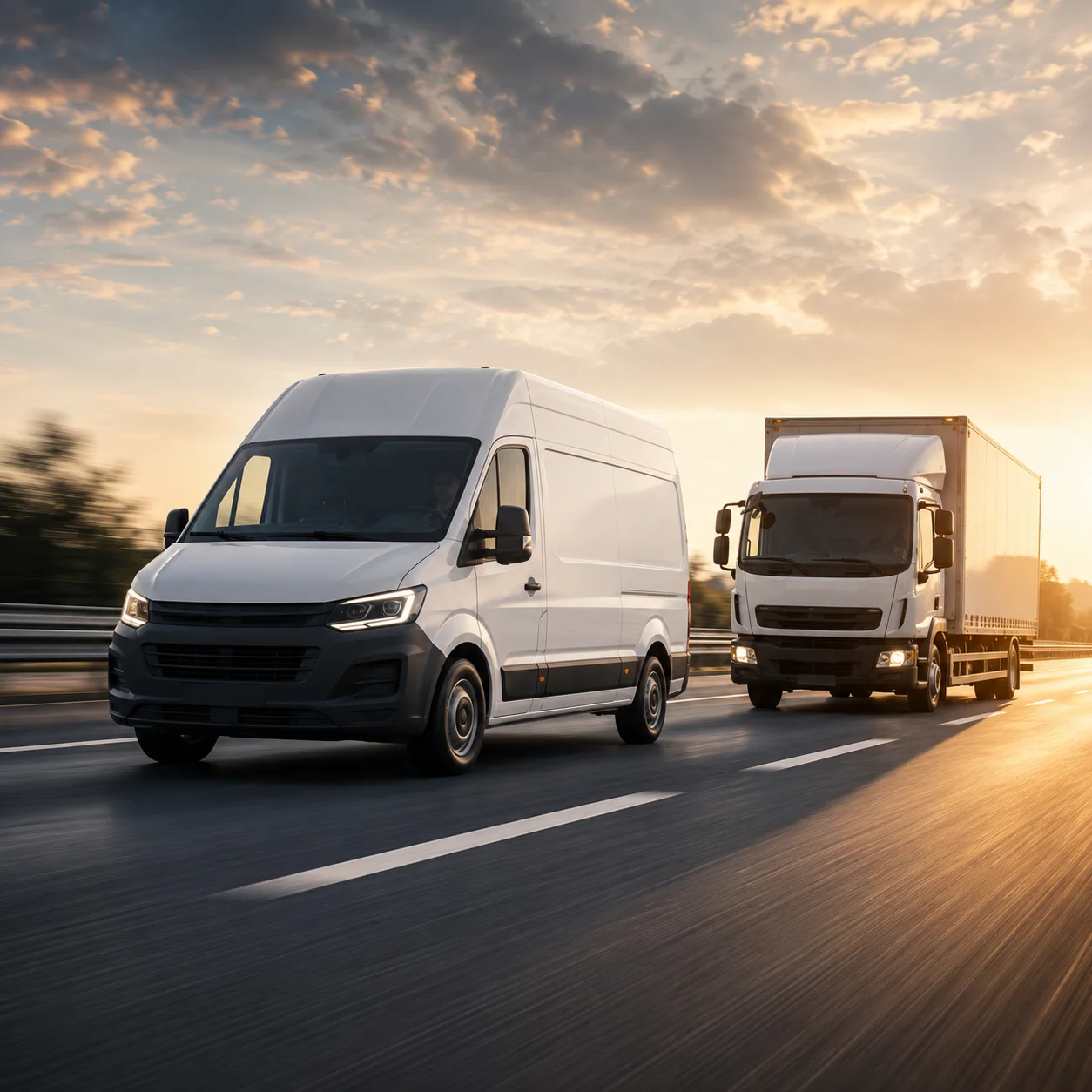 Transporter und LKW in Fahrt auf der Autobahn