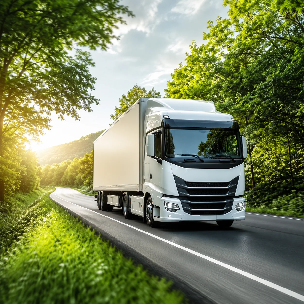 Moderner LKW auf grüner, baumgesäumter Strecke
