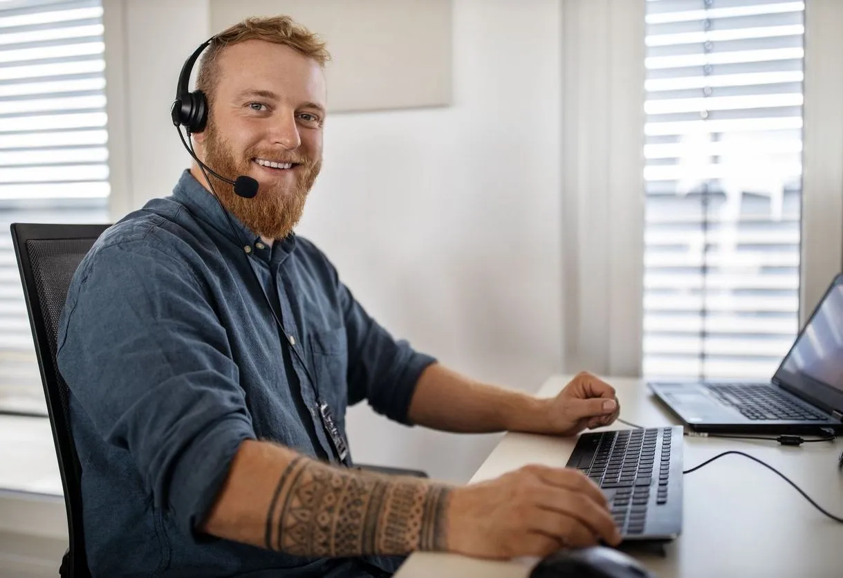 Disponent mit Headset im Büro